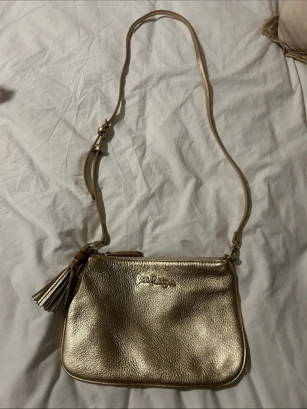 Lilly Pulitzer Metallic Gold Pebbled Leather Crossbody with Tassel Accent